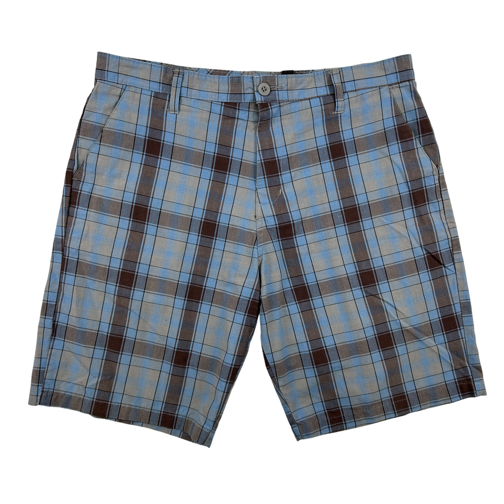 Burnside Shorts Mens 34 Plaid Casual Flat Front Blue Brown Cotton Blend